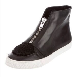 LOEFFLER RANDALL High Top Leather Sneakers with Zippers and Shearling Details